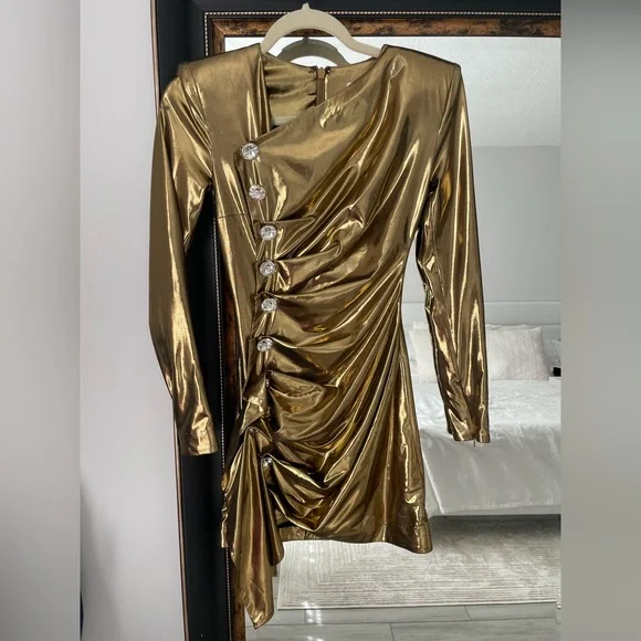 House of CB GABY Gold Metallic Lame Drape Dress - Picture 3 of 5